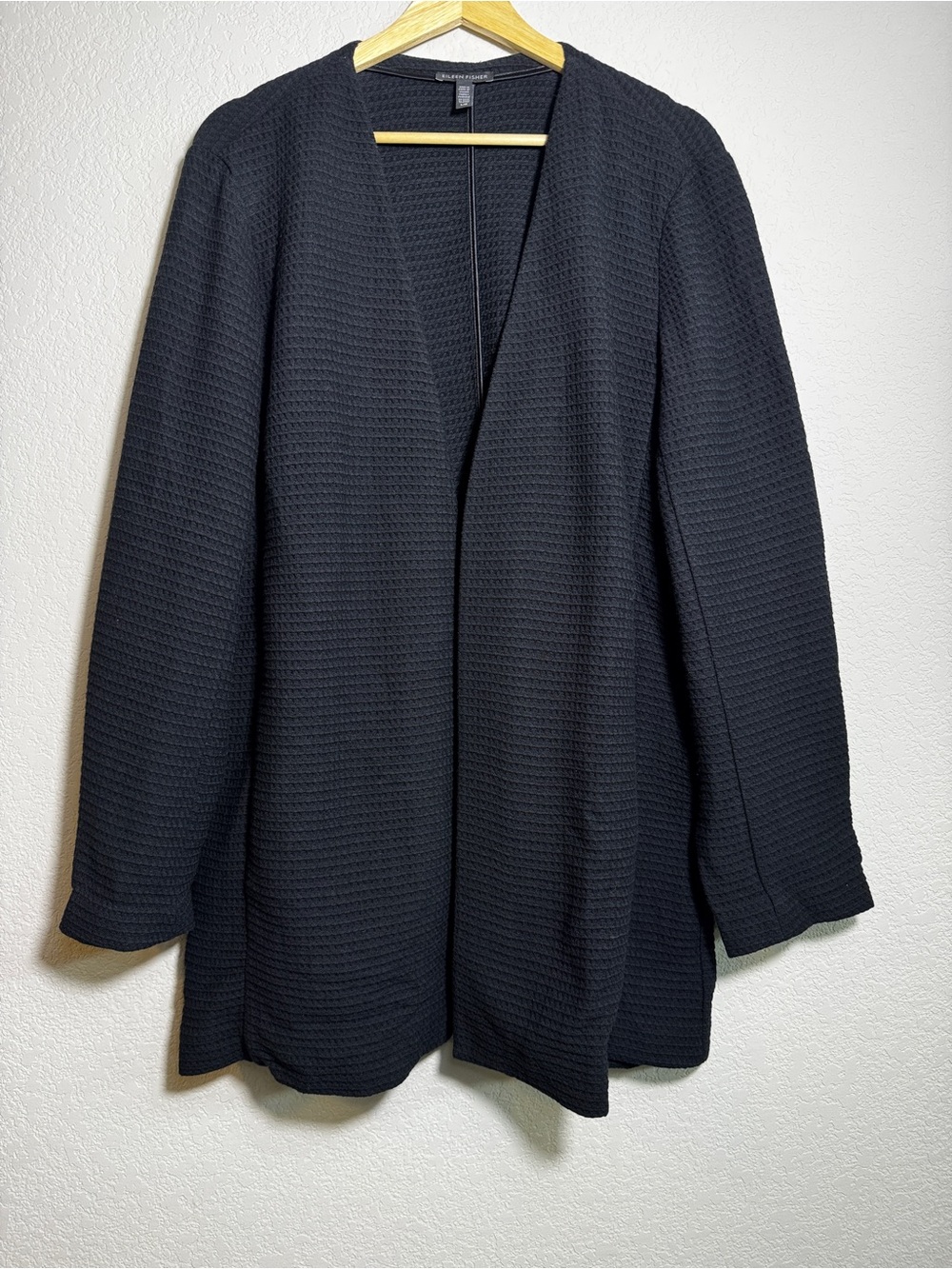 Eileen Fisher Cardigan Women L Black Tencel Organic Cotton Open Front Long